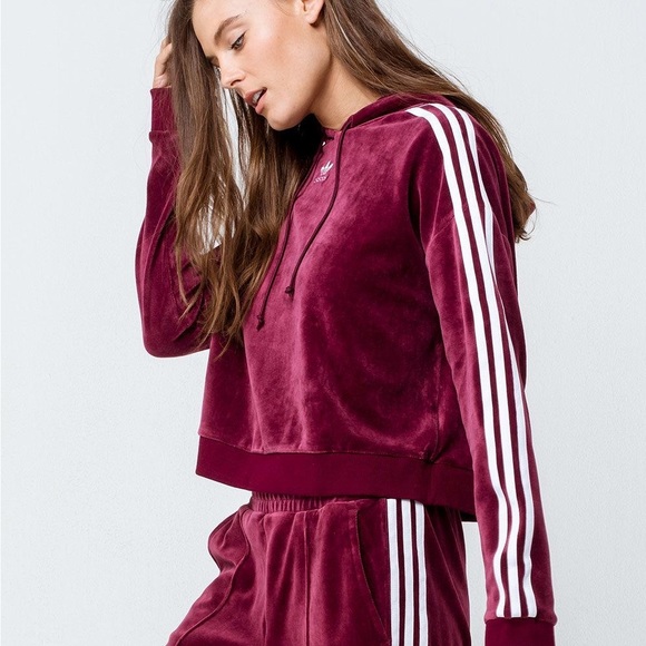 Adidas originals Velour Cropped Hoodie Sweatshirt Burgundy size Small - Picture 4 of 6